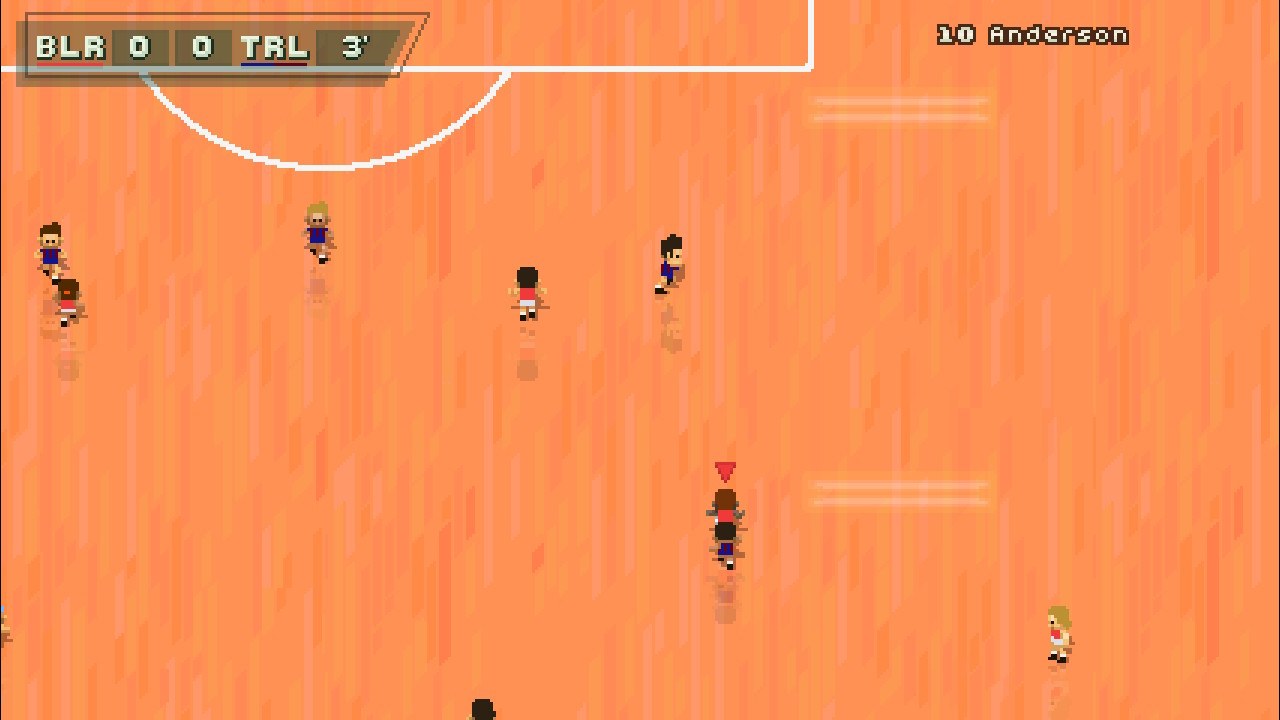 A screenshot from Super Arcade Football, a game being played on an orange, basketball court-style pitch.