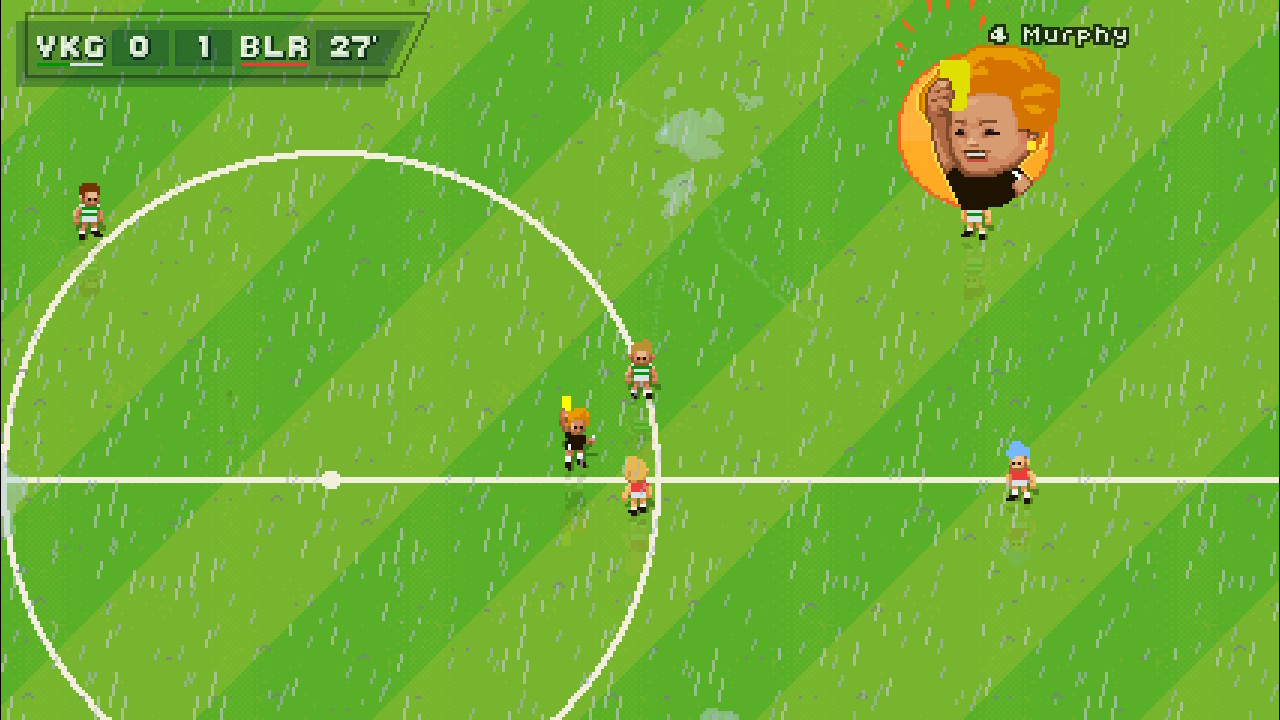 A screenshot from Super Arcade Football, one of your players being given a yellow card by the referee.