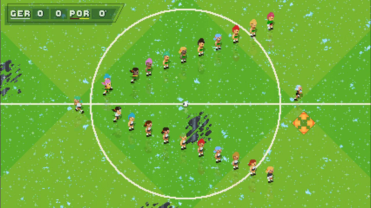 A screenshot from Super Arcade Football with all modifiers turned on, the pitch covered in snow, puddles, oil and turbo patches.