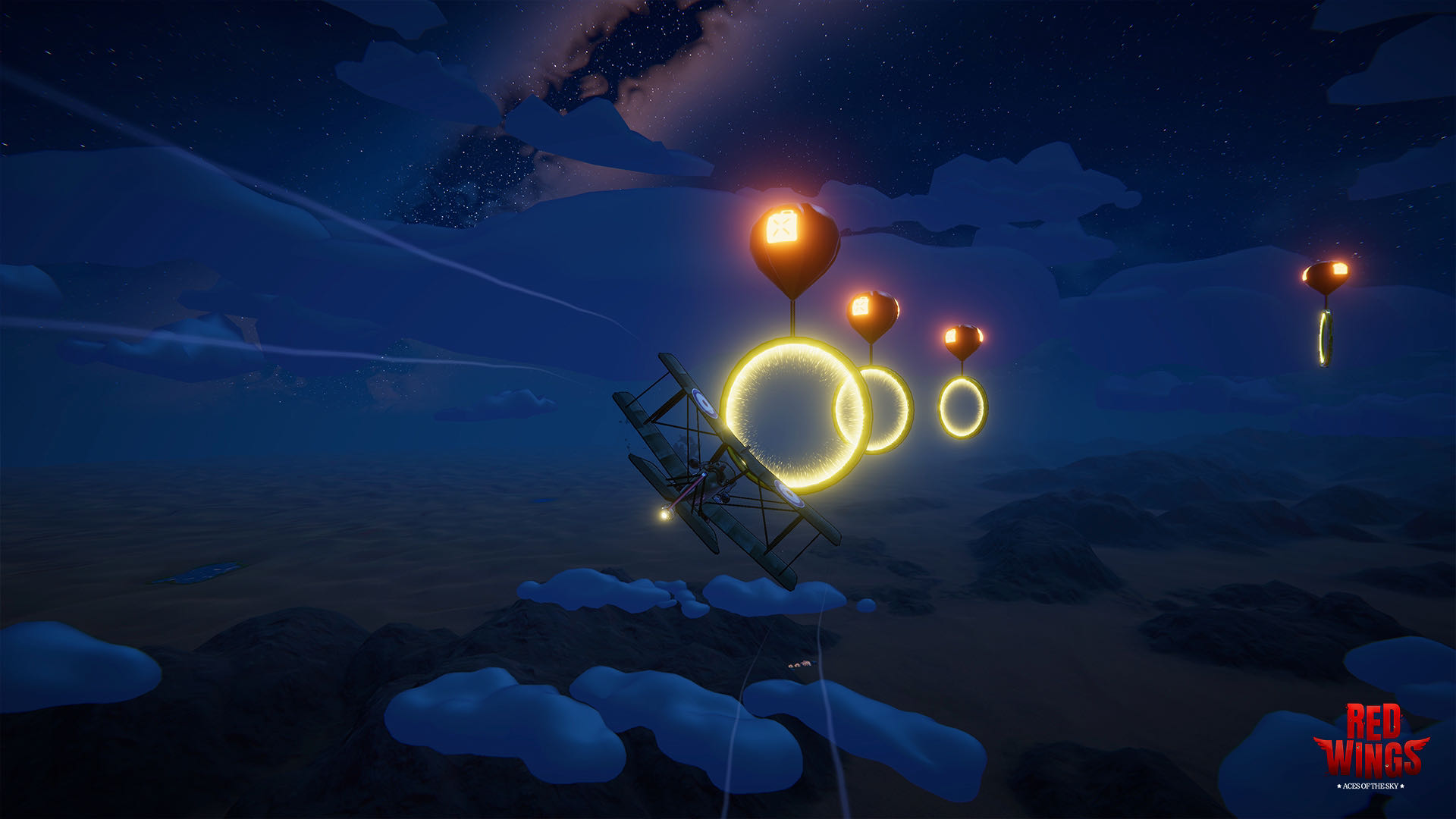 A screenshot from Red Wings, a flying challenge whereby you navigate golden rings, suspended by balloons.