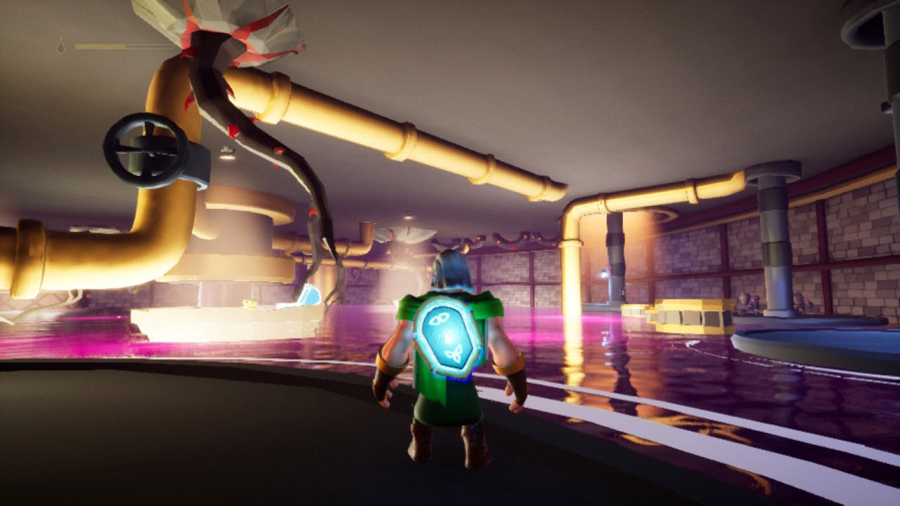 A screenshot from Effie, Galand navigating a waterworks with giant pipes and valves.