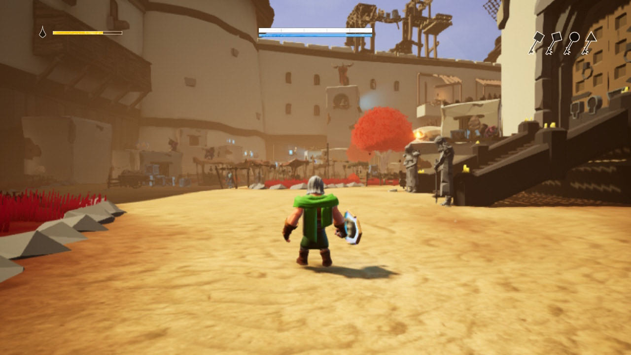A screenshot from Effie, Galand standing in a sandy street, surrounded on all sides by walls and buildings.