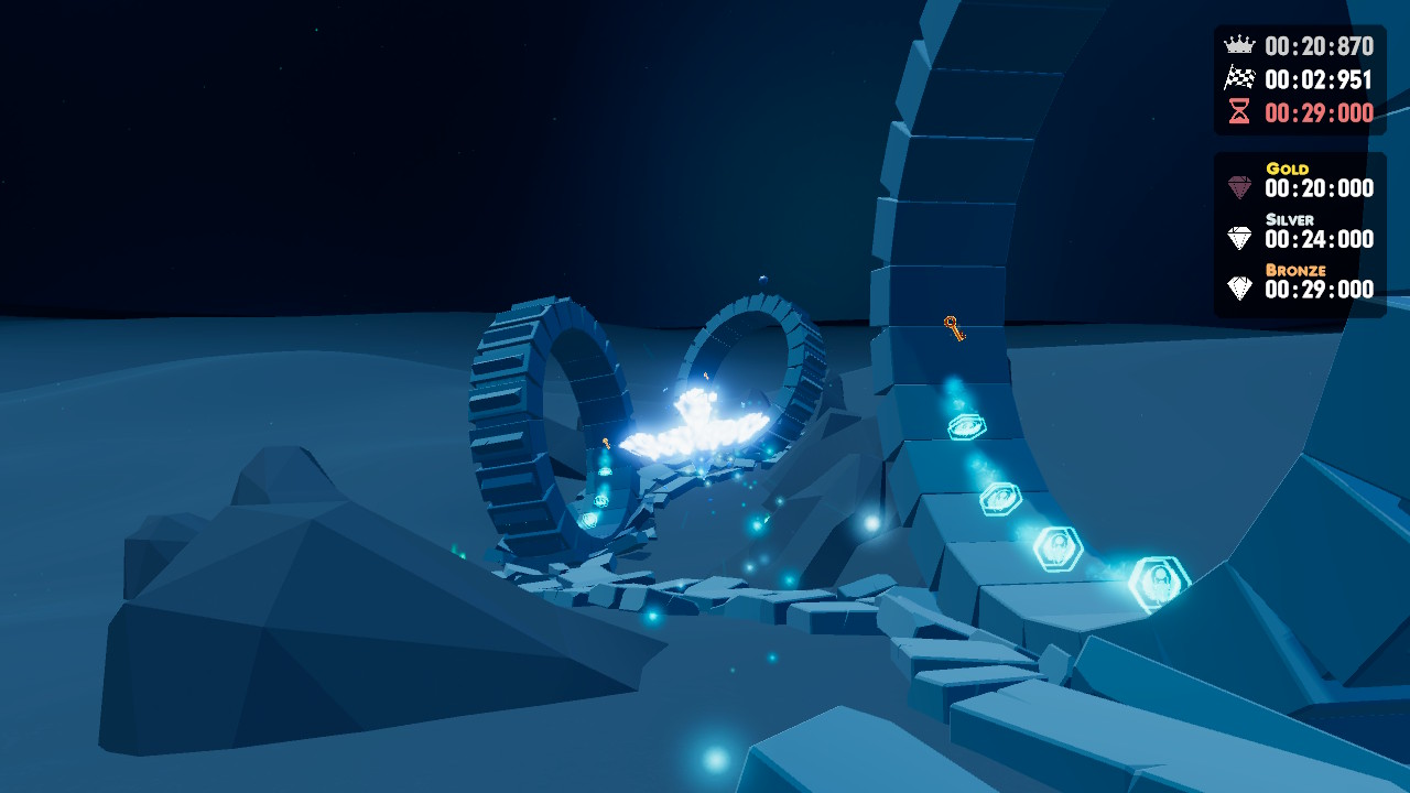 A screenshot from a Glyph time trial, showing three large loops against a cold, blue desert backdrop.