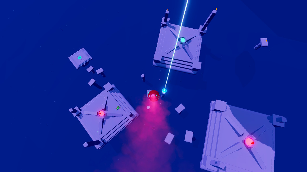 A screenshot from Glyph, you're flying high above three platforms with fires burning at the centre of each.