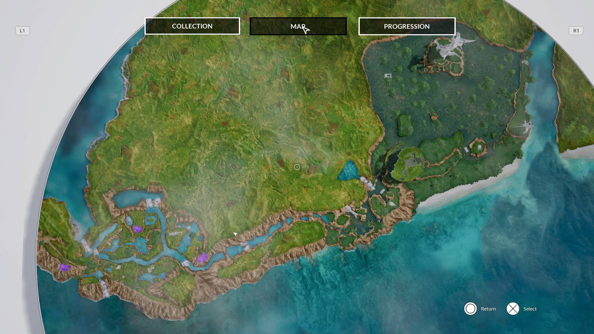 A screenshot of the world map, showing collectibles and progression information.