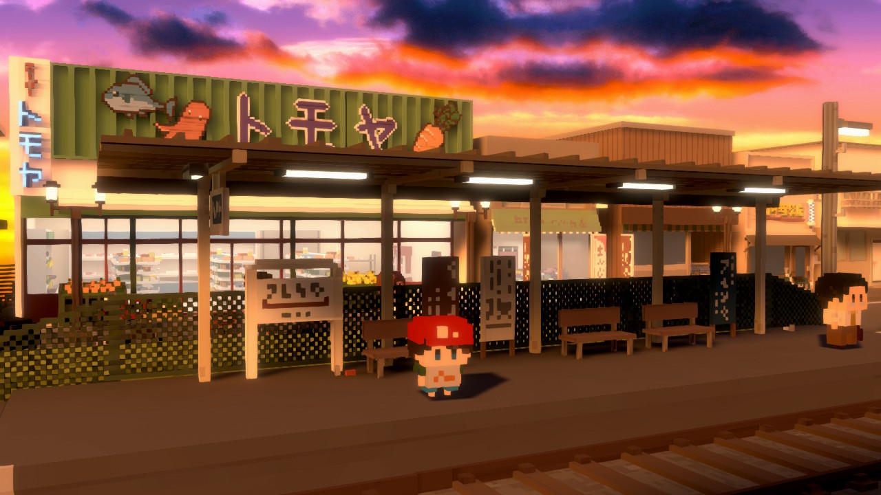 Minato waiting at the train station, with a grocery store and a pink sunset in the background.
