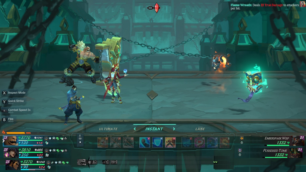 An in-battle screenshot, showing your party on the left of the screen and the enemy on the right.