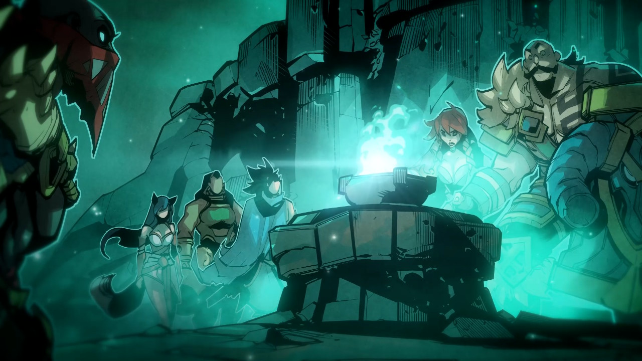 An animated story scene, showing your heroes gathered around a glowing brazier.
