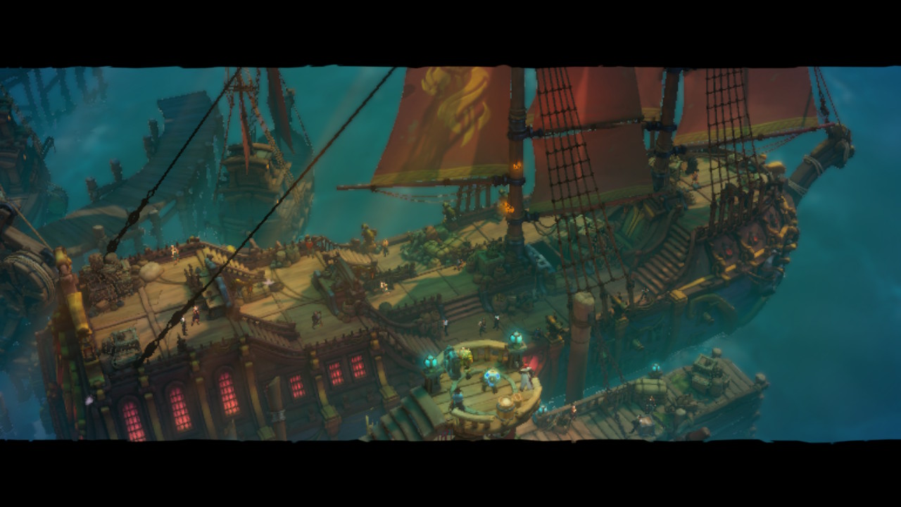 A wide-view screenshot of a large ship, docked at Bilgewater harbour.