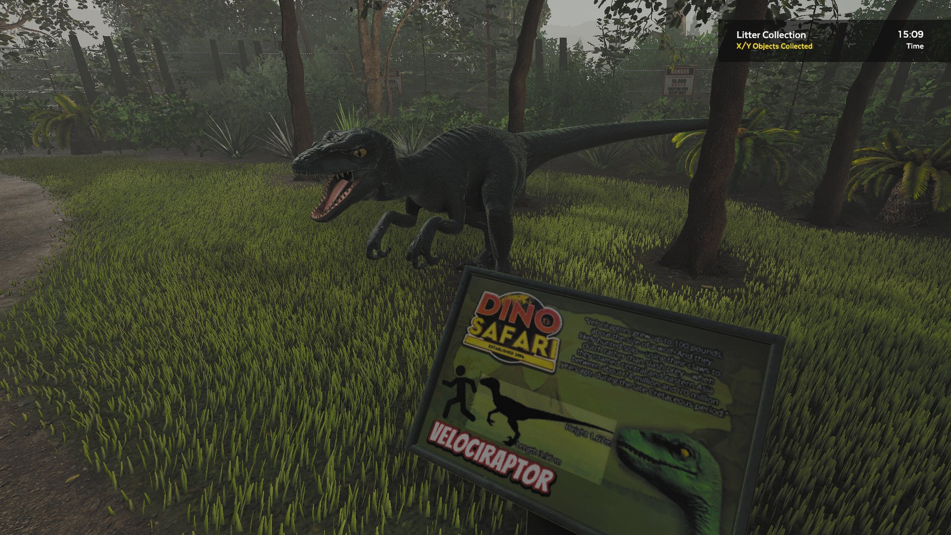 An animated Velociraptor model in the park.
