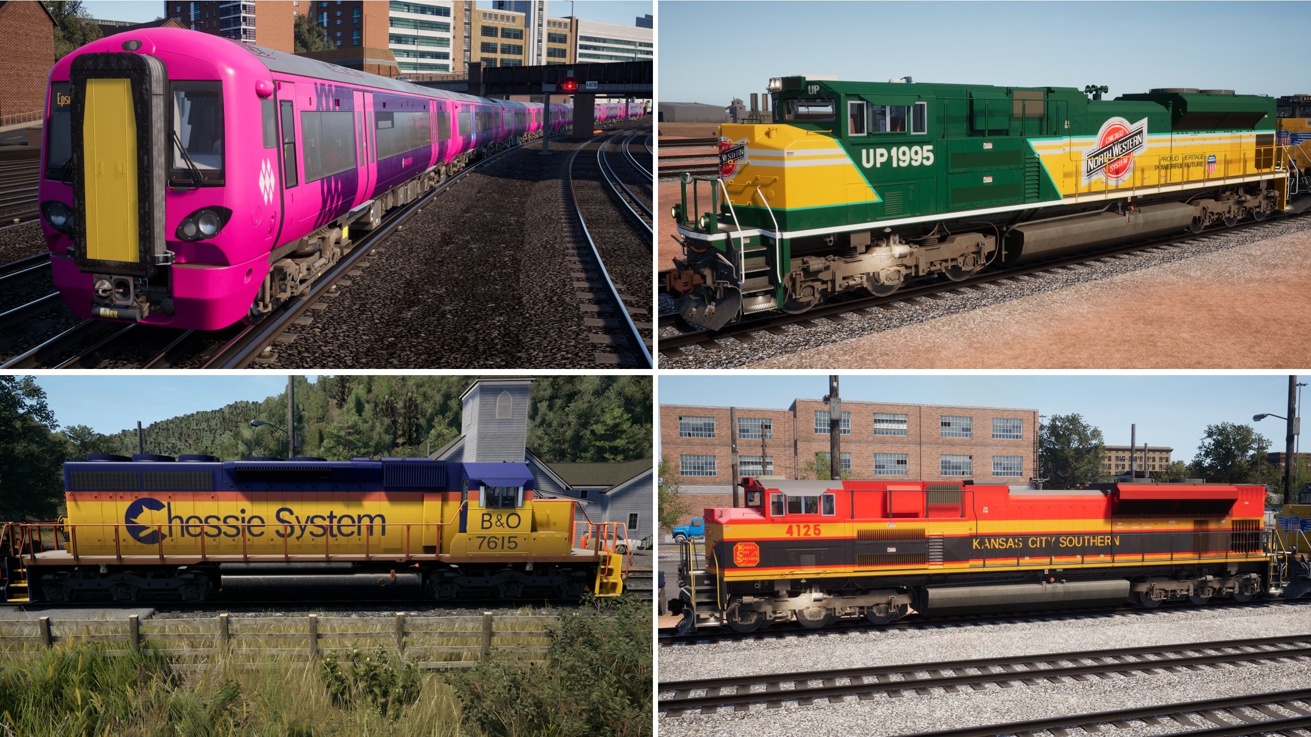 Clockwise from the top left; a pink Class 377, a Chicago & Northwestern SD70ACE, a Kansas City Southern SD70ACE and a Chessie System SD40-2.