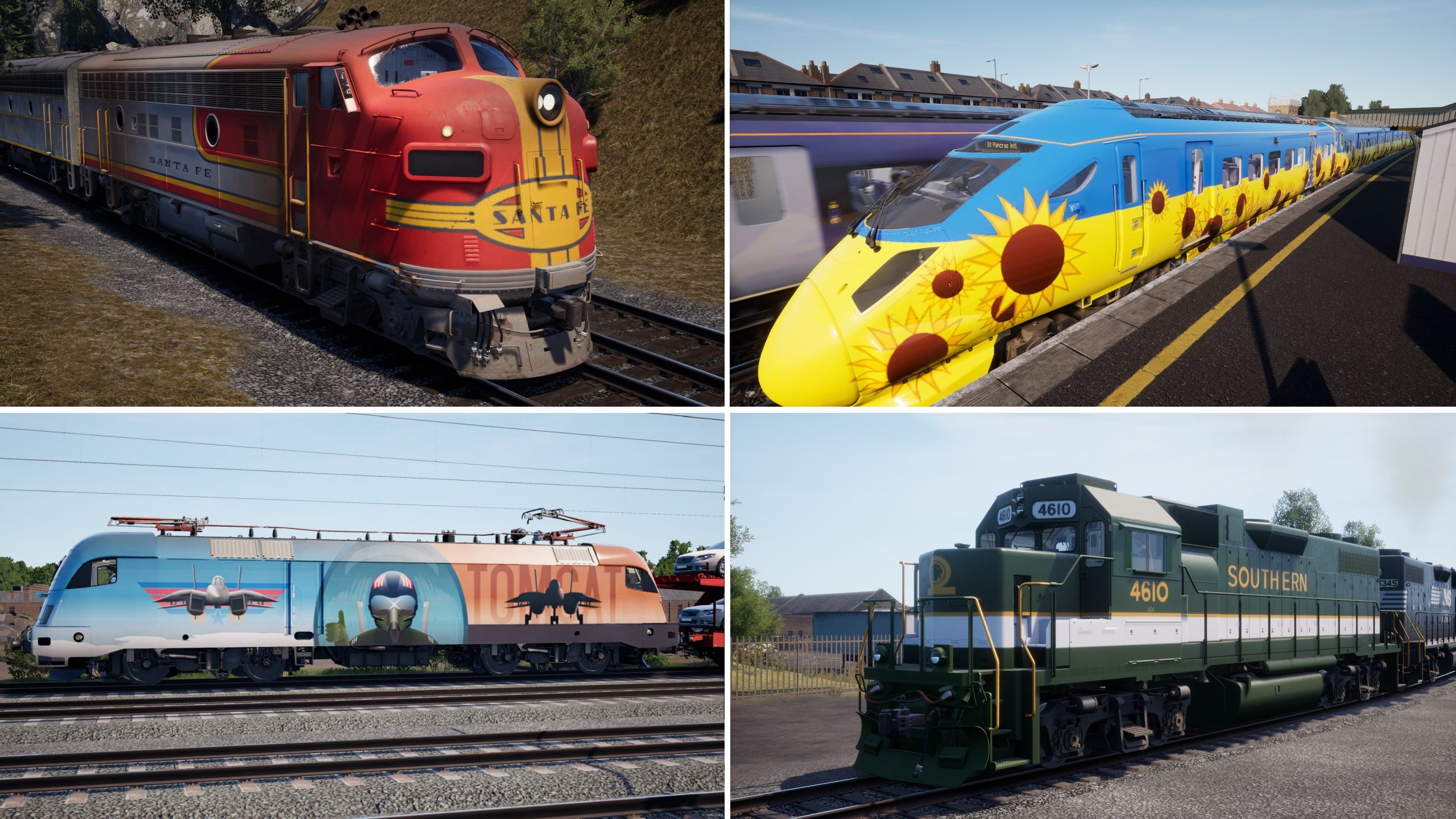 Clockwise from top left; a red F7A, a Ukraine tribute Class 395, a Southern GP38-2 and a spectacular Top Gun-inspired design adorning a German DB BR 182.