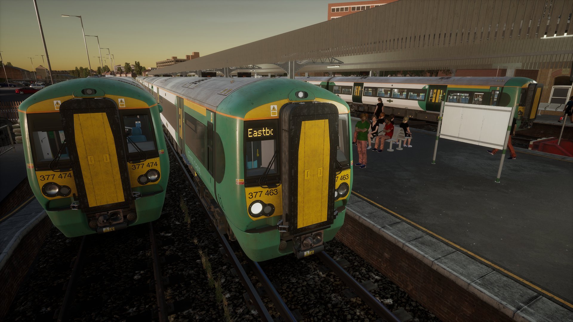Three Class 377s sit at Eastbourne station.