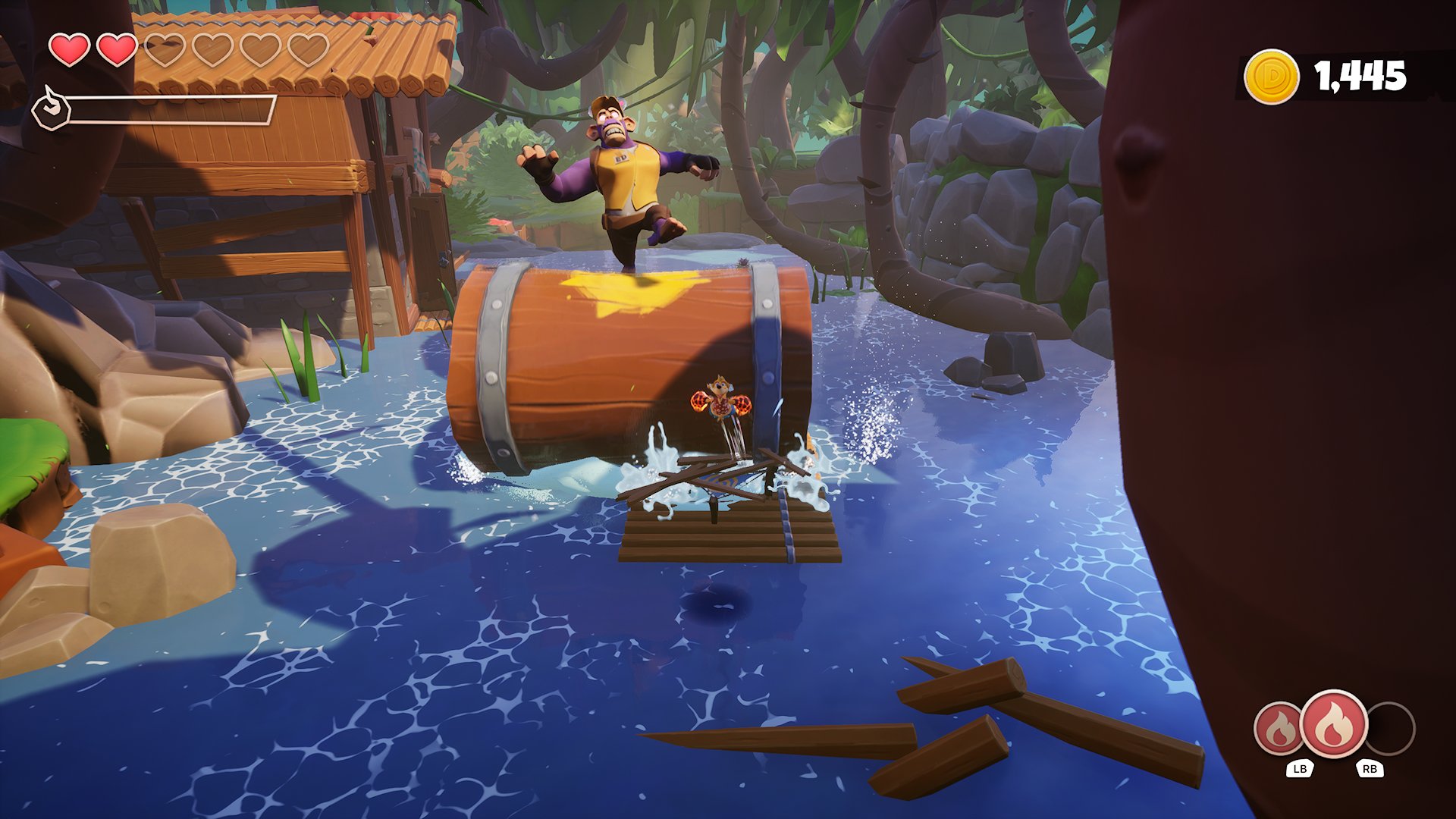 Kao is chased down a river by gorilla on a barrel...