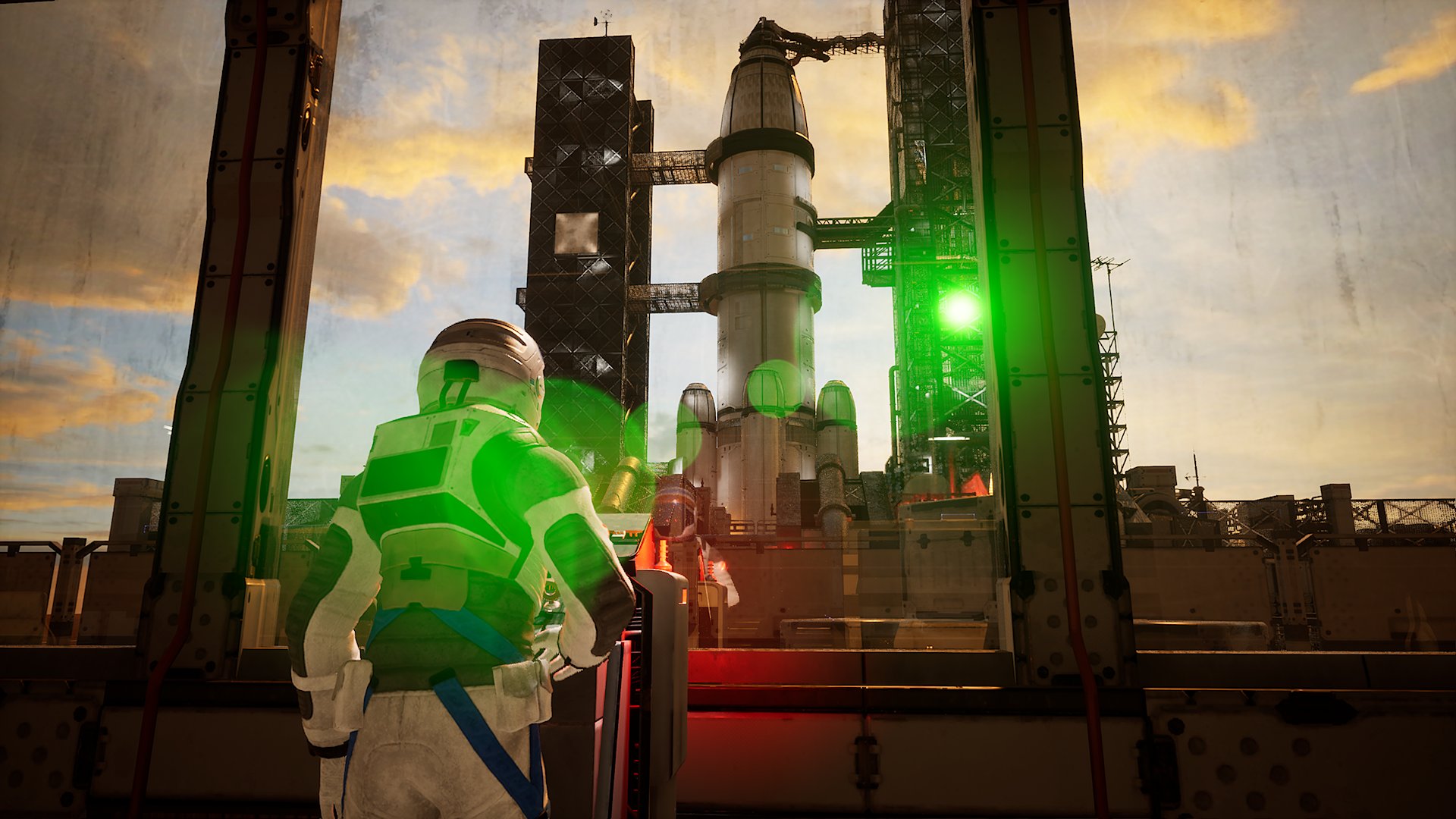The protagonist stares up at a huge rocket.
