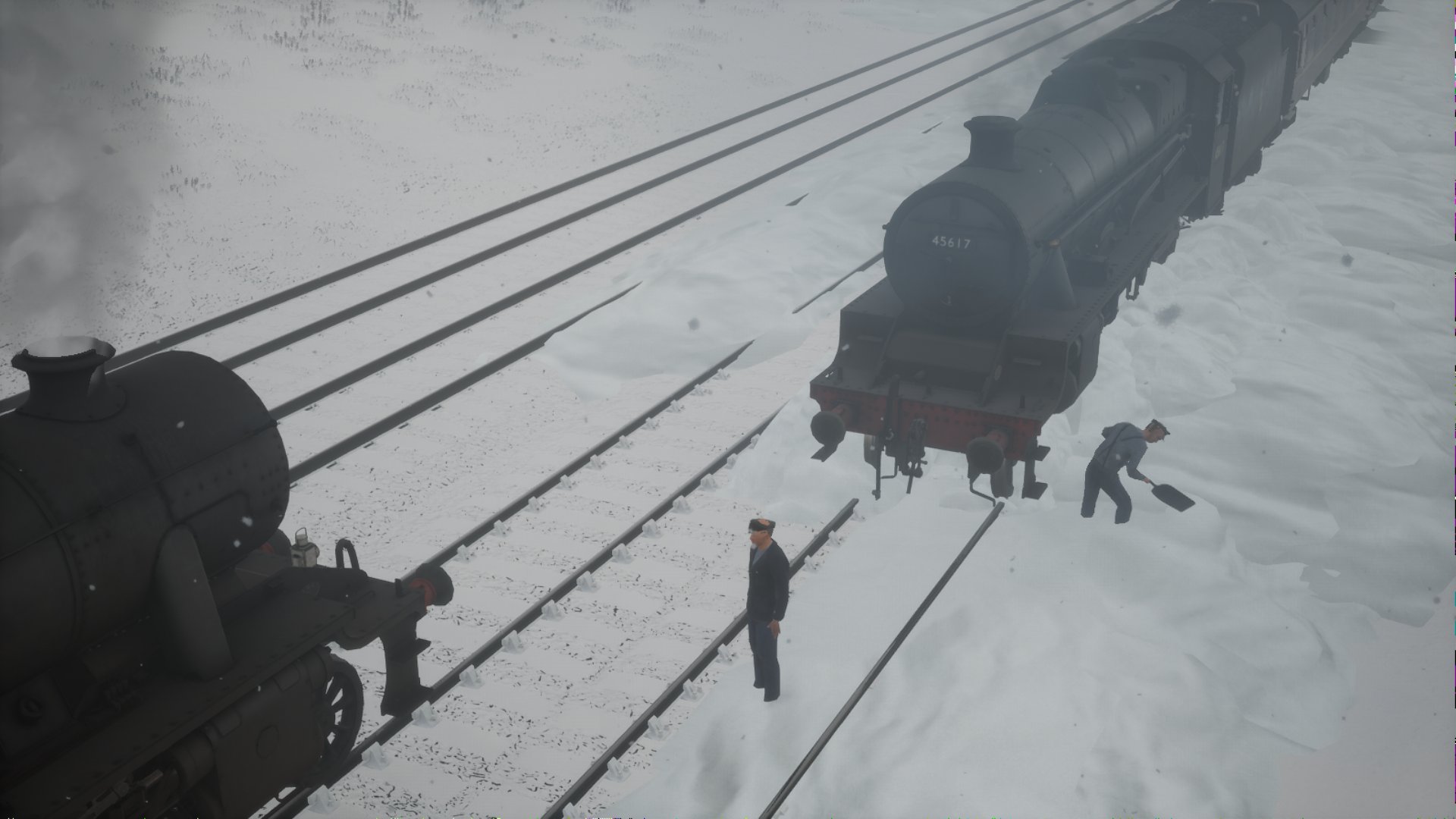 You stop your train to see if another crew needs help in deep snow.