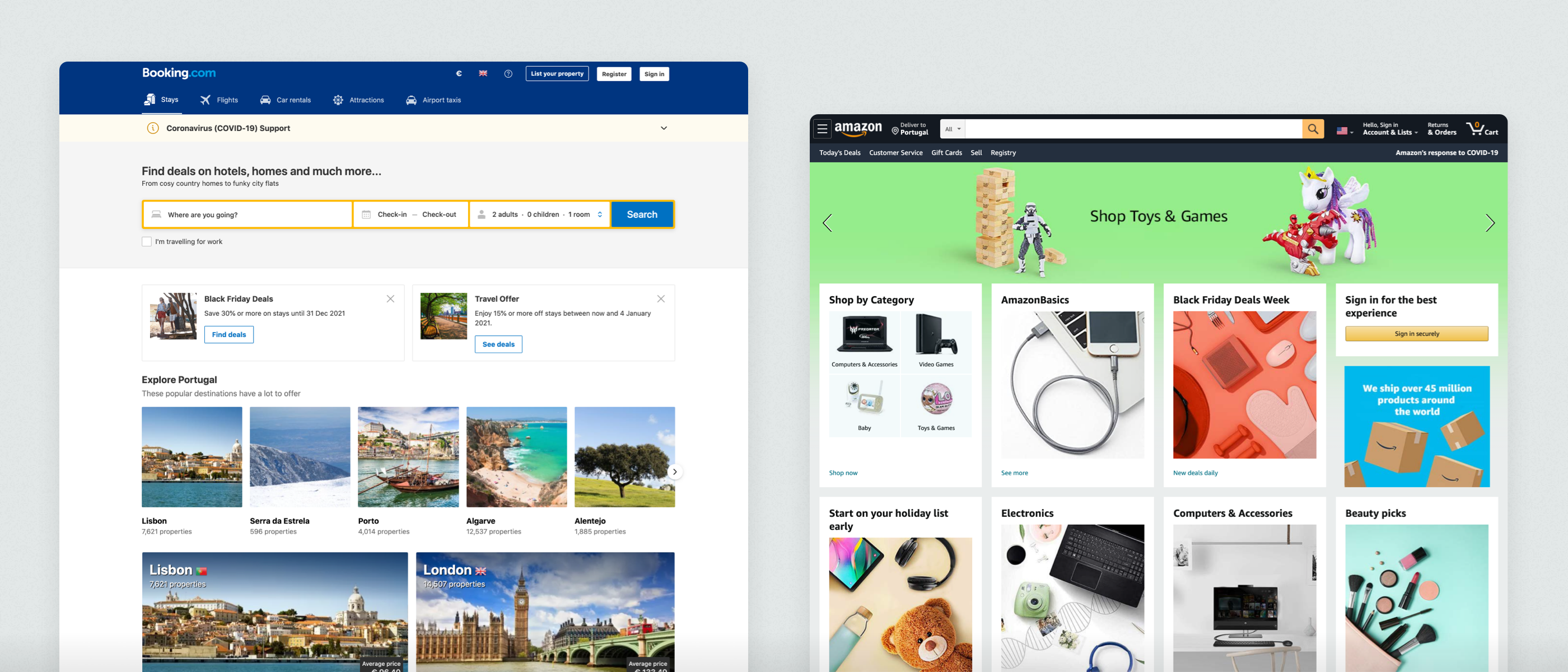 Screenshots of the Booking (Left) and Amazon (Right) websites
