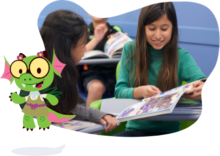 Two girls reading Beast Academy book
