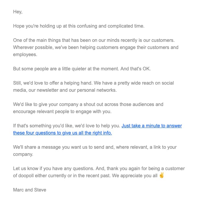Example of email using surveys to realign marketing messages