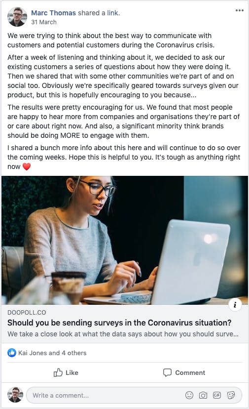 Example of sharing survey results in private group