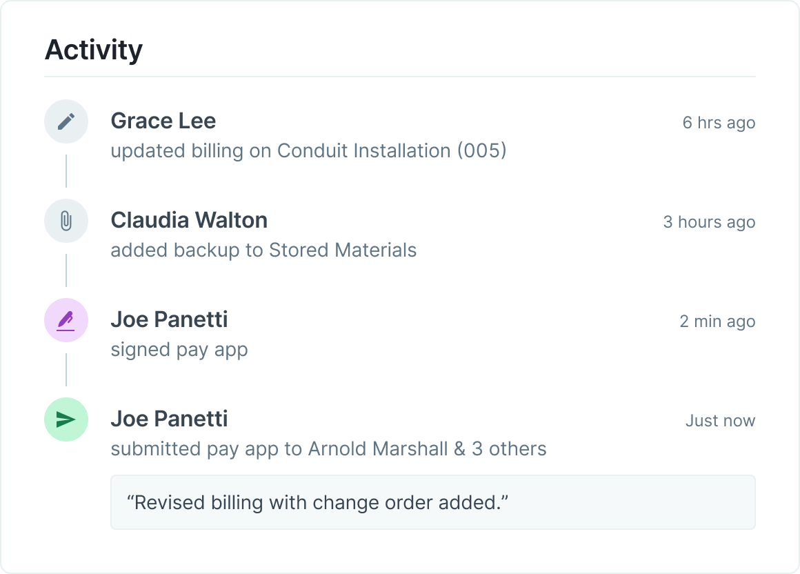 Activity feed from Siteline showing user activity updating billing and submitting a pay app with a comment