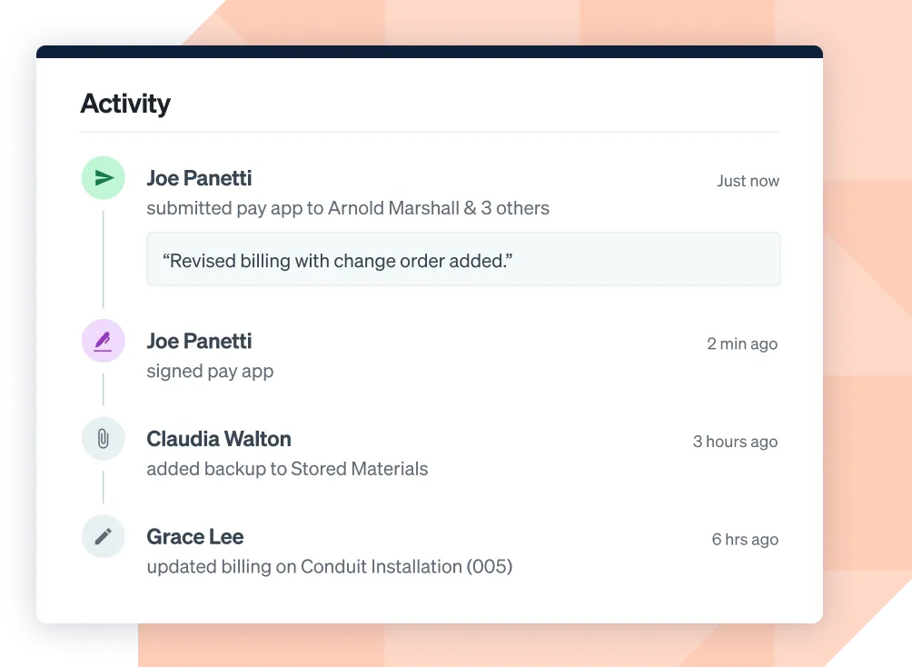 Siteline UI of activity feed showing a pay app being updated, signed, and submitted