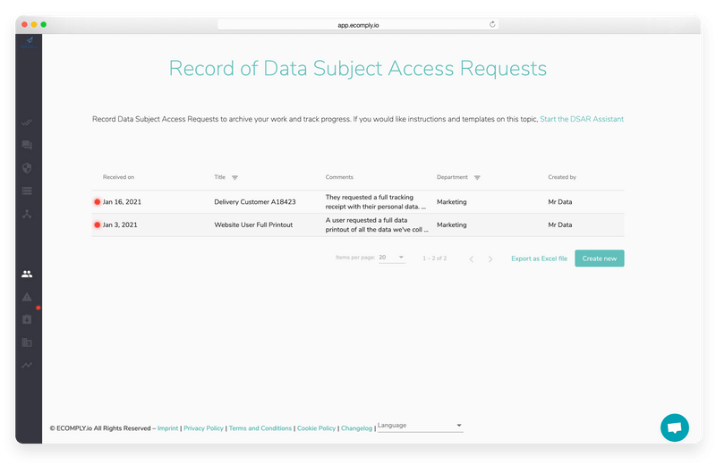 Data Subject Access Requests Tracker - ECOMPLY