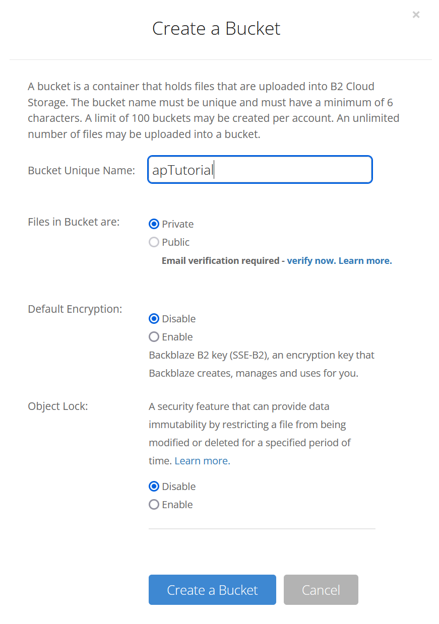 Creating a Backblaze bucket for Anchorpoint named apTutorial