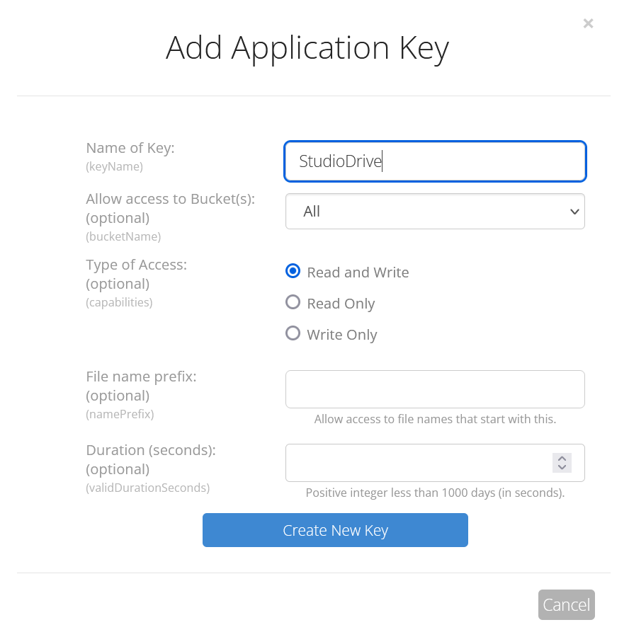 A new application key is being created and named StudioDrive for an Anchorpoint cloud drive