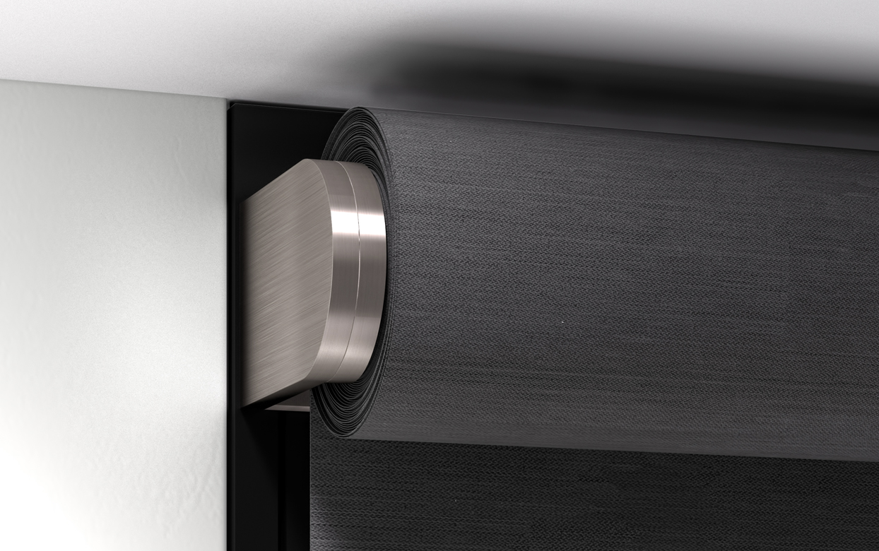 A closeup of a satin nickel Lutron Palladiom shade bracket showing the metal detail.