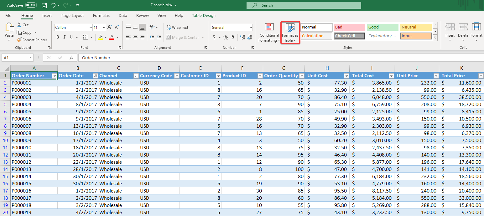 excel format as table