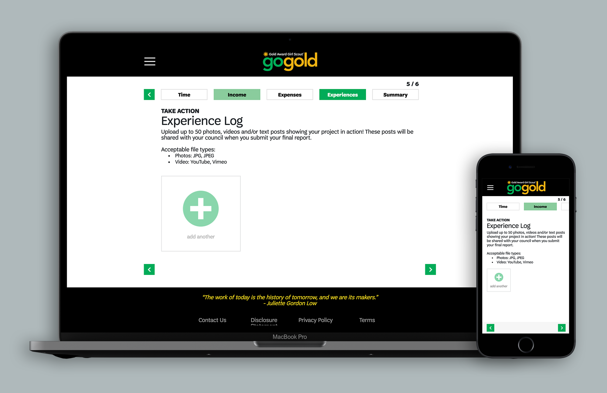 Go Gold Experience Log screens