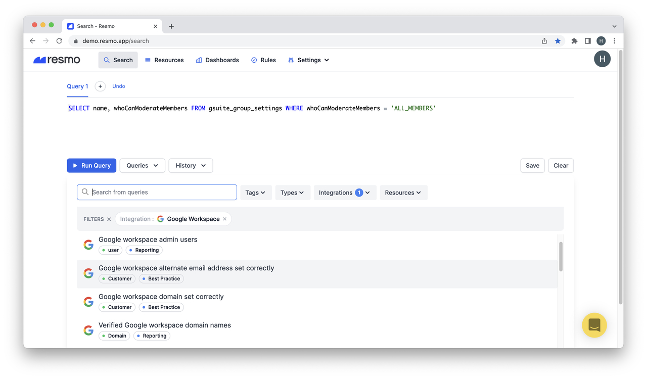 Google Workspace security query on Resmo