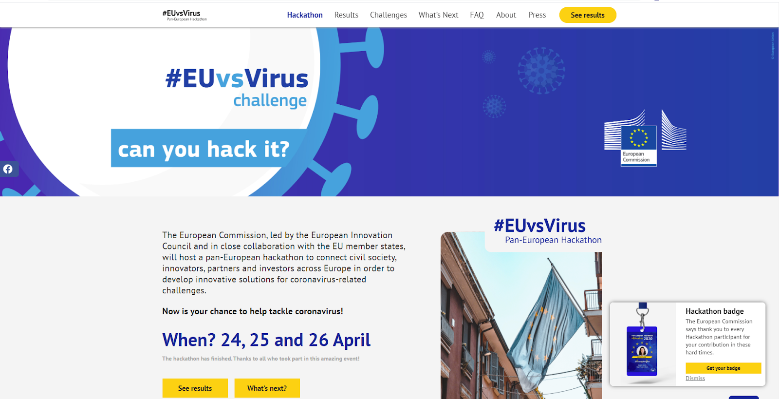 EUvsVirus landing page