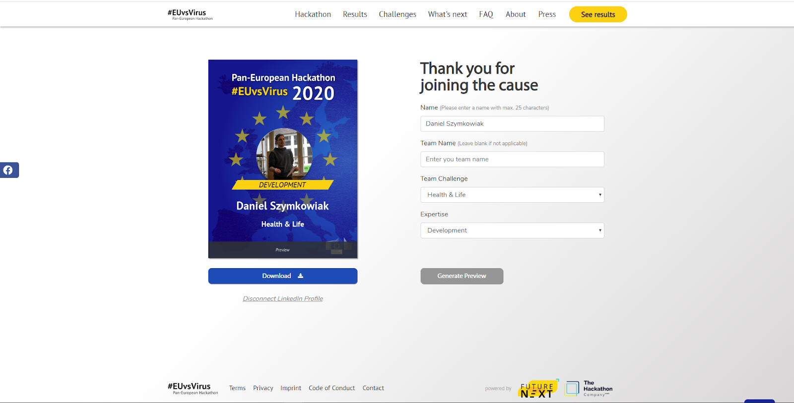 EUvsVirus VirtualBadge landing page