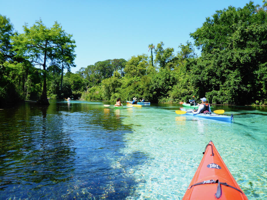 Kayaks gliding in clear waters.