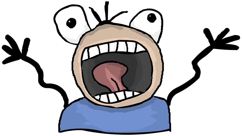 cartoon graphic of panicked stick figure screaming bulging eyes.