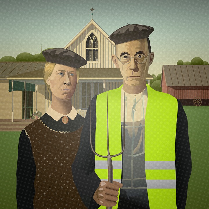 stylized humorous rendition of American Gothic painting wearing berets.