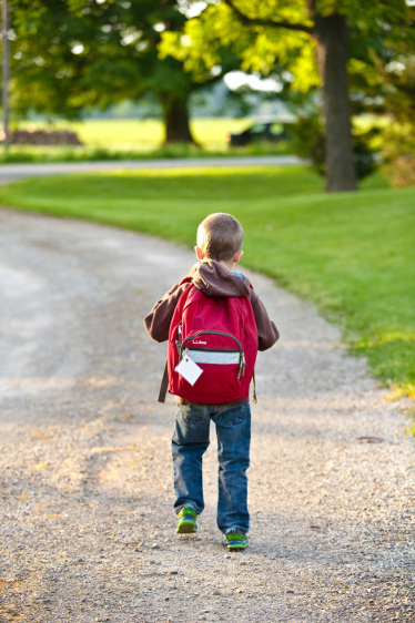 rear view of little boy wearing a backpack walking down a dirt path