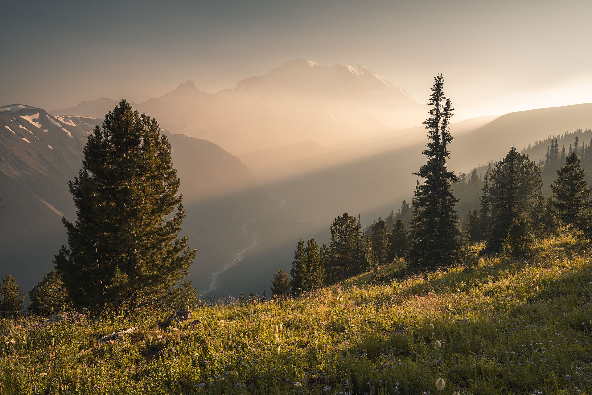 Golden hour shot of a mountain scene