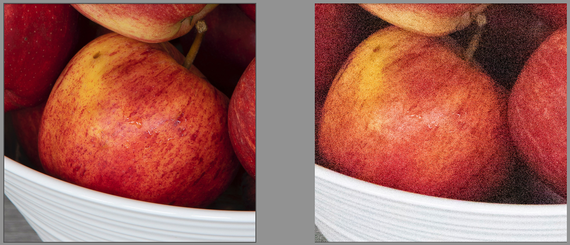 Two images of an apple, one photographed at ISO 100 and the other at ISO 102400