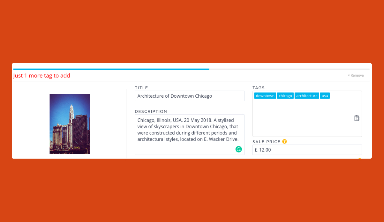 Image showing the tagging process on Picfair's uploader