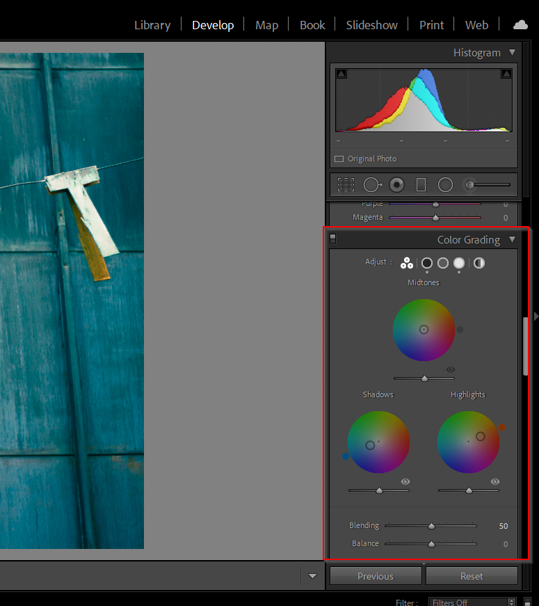 Screenshot from Lightroom showing the color grading panel