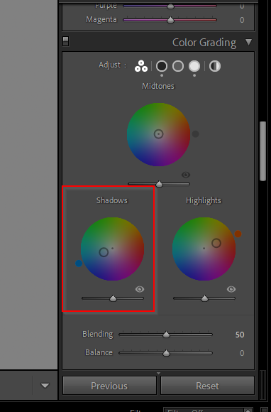 Screenshot from Lightroom showing the color grading panel