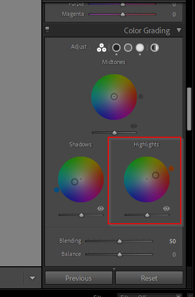 Screenshot from Lightroom showing the color grading panel
