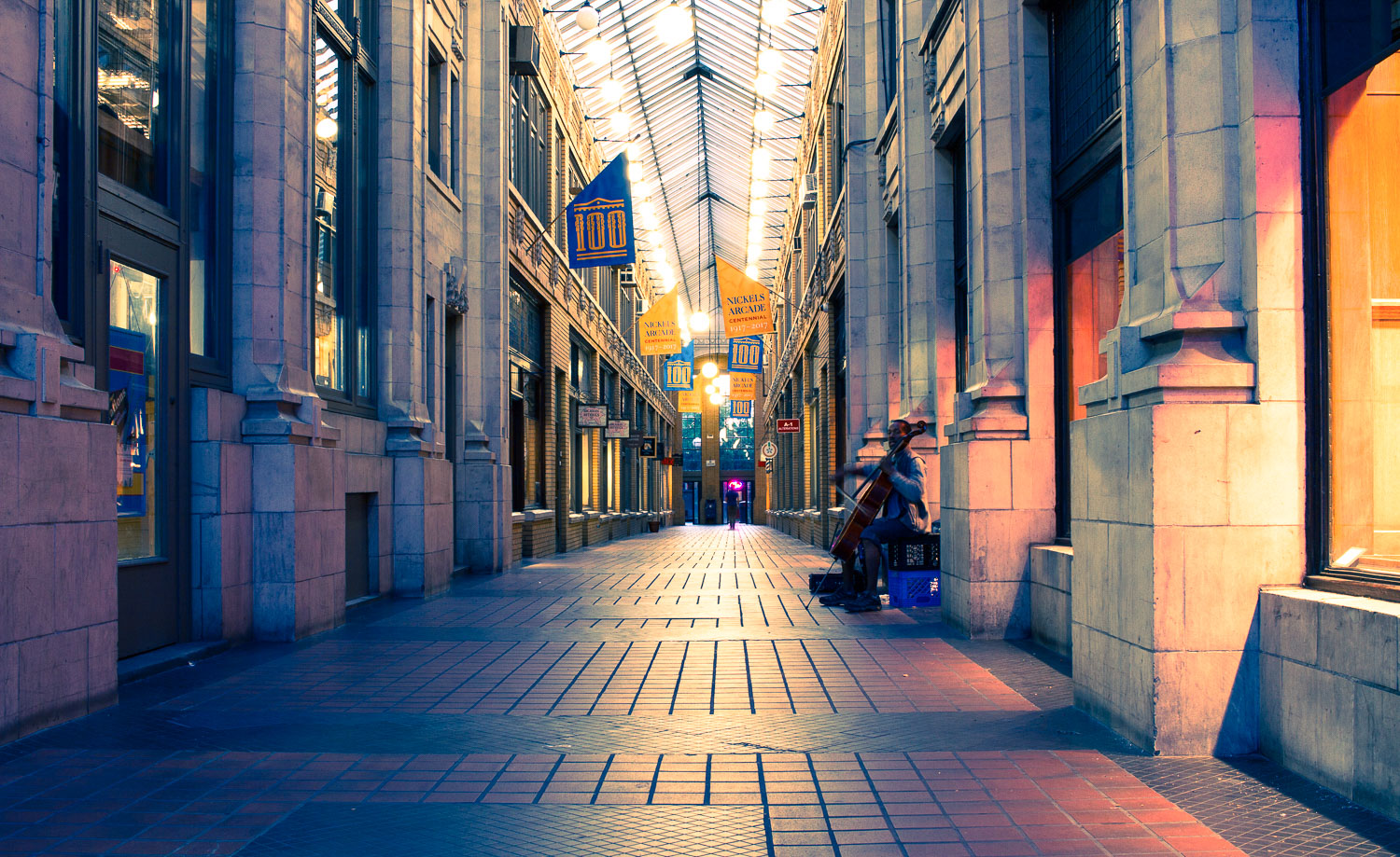 A shopping arcade with the split toning effect applied to the photo