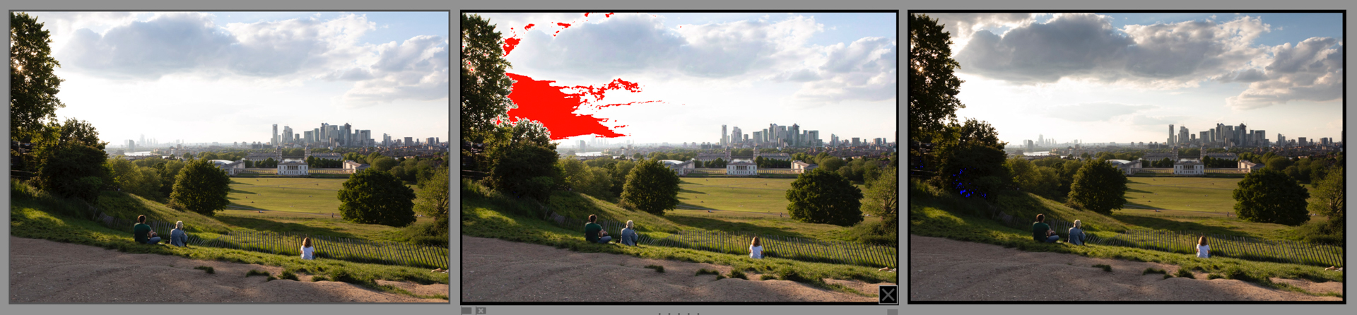 The first image is the RAW file, centre image shows clipped whites, and the right image clipped blacks