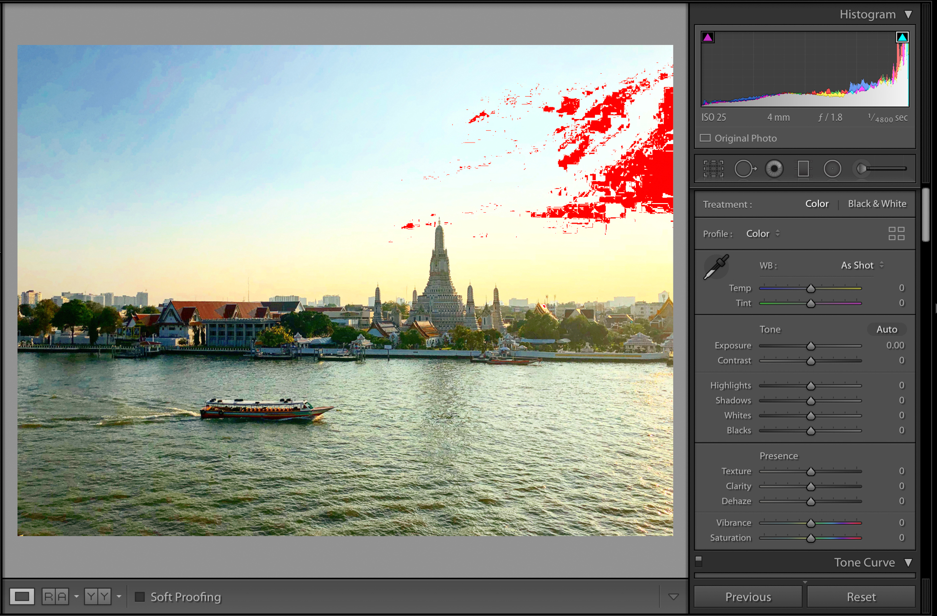 Lightroom screenshot showing the clipped highlights (white areas) as seen in Lightroom's "Develop" module.
