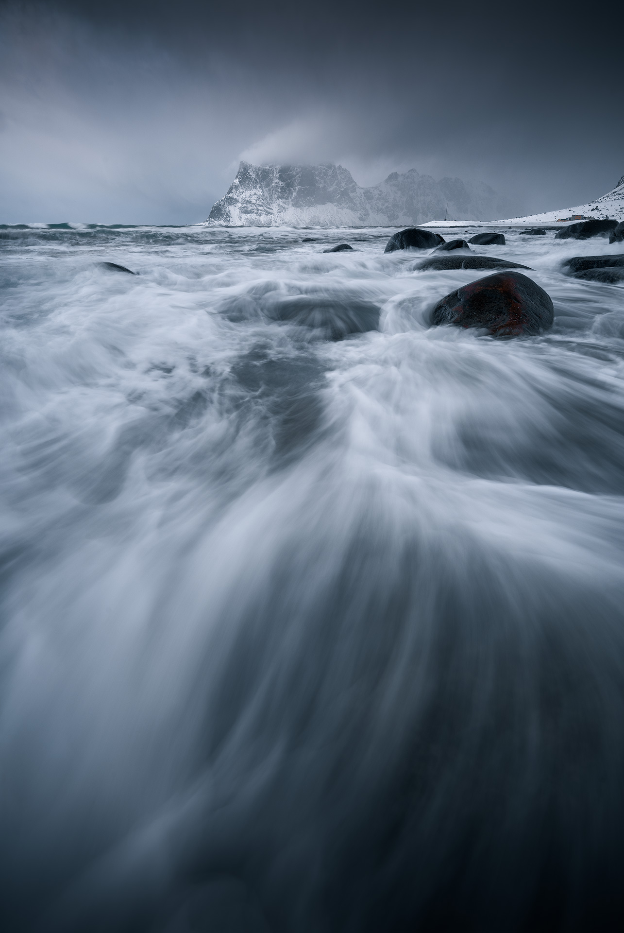 Winter seascape with crashing waves at Lofoten, Norway
