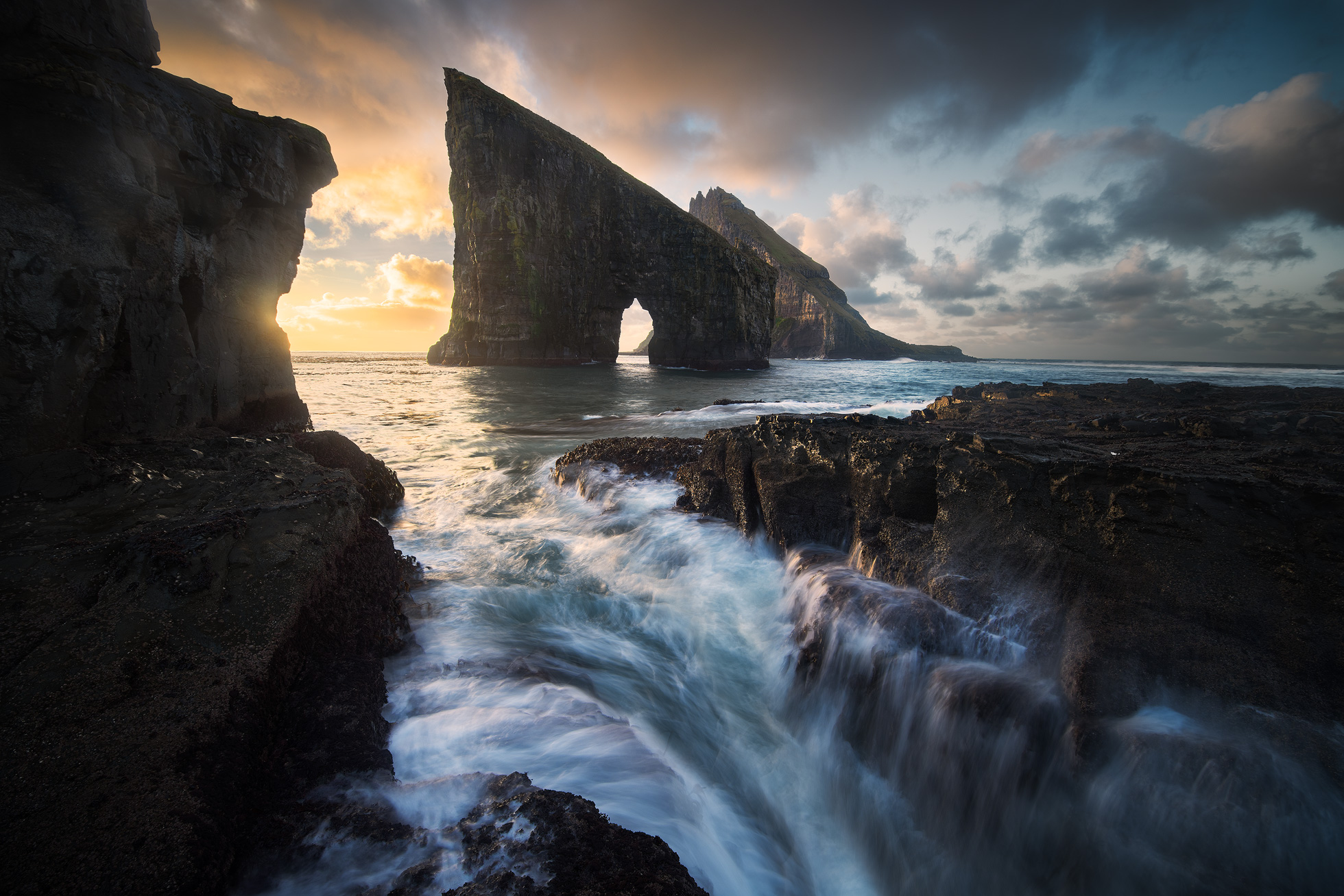 Golden hour long exposure seascape at the Faroe Islands